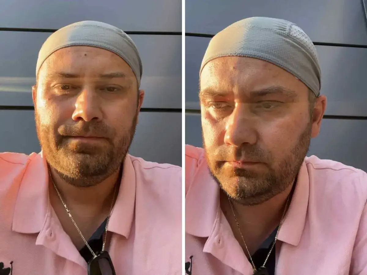 Adrian ze ślubu od pierwszego wejrzenia w różowej koszulce polo i szarej opasce na głowie.