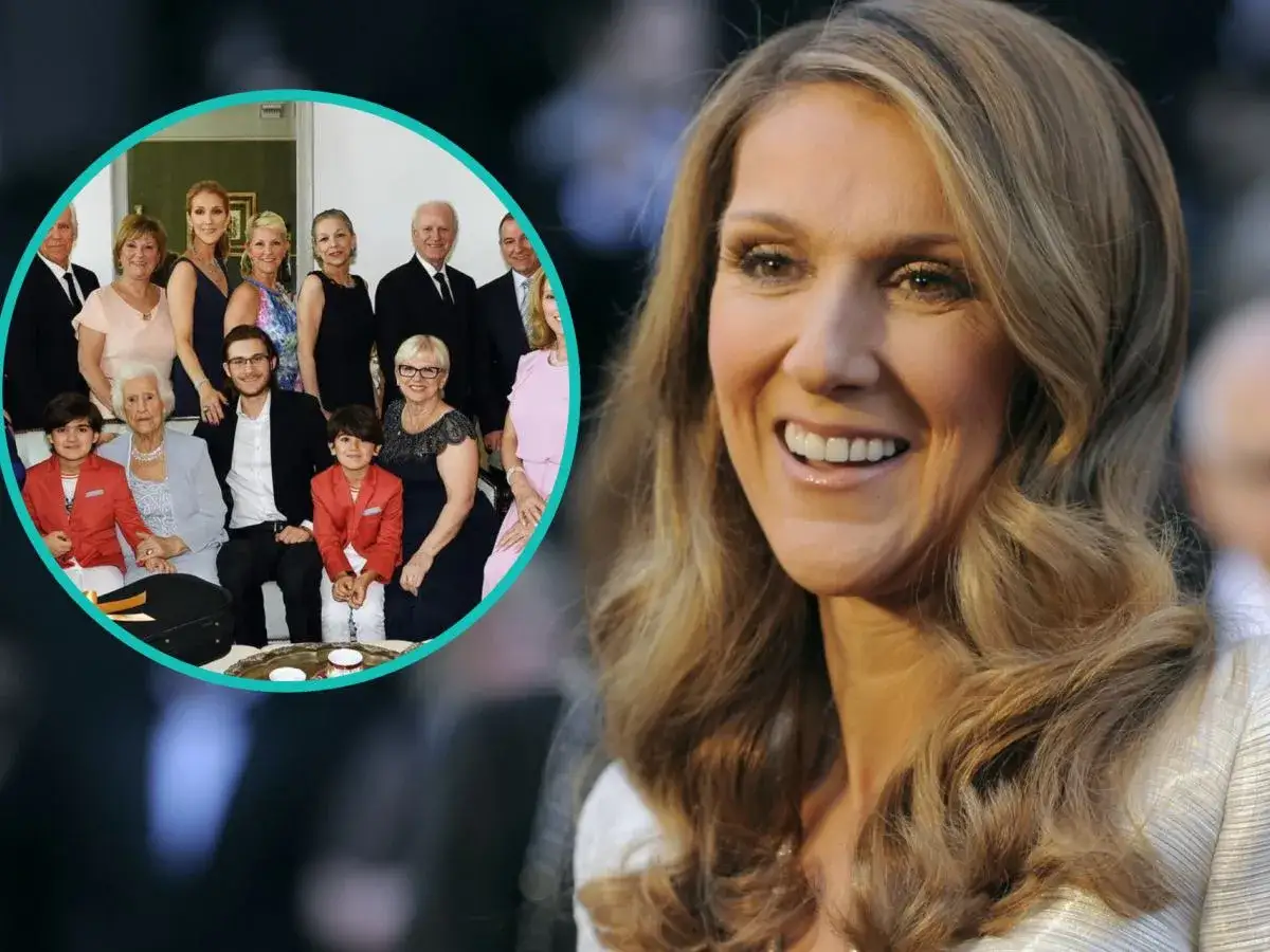 Céline Dion z rodziną, w tym jej liczne rodzeństwo, na uroczystym zdjęciu rodzinnym.