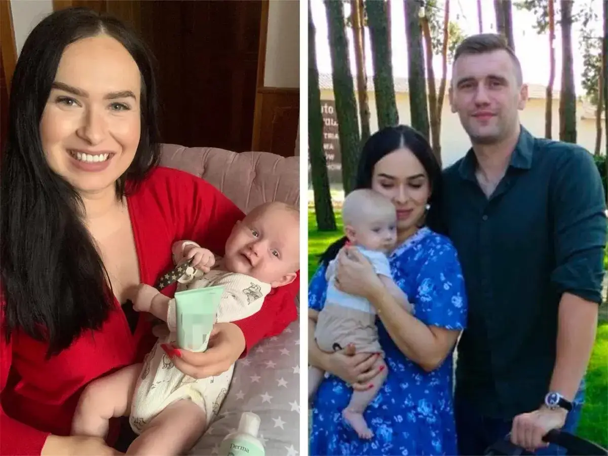 Ania z Rolnik szuka żony z dzieckiem i partnerem. Uśmiechnięta mama tuli niemowlę, a obok stoi jej ukochany.