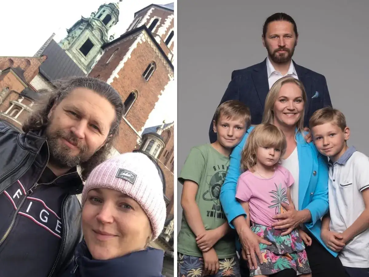 Dominika Chorosińska z mężem i dziećmi na tle Wawelu i w studiu. Rodzina prezentuje się radośnie.