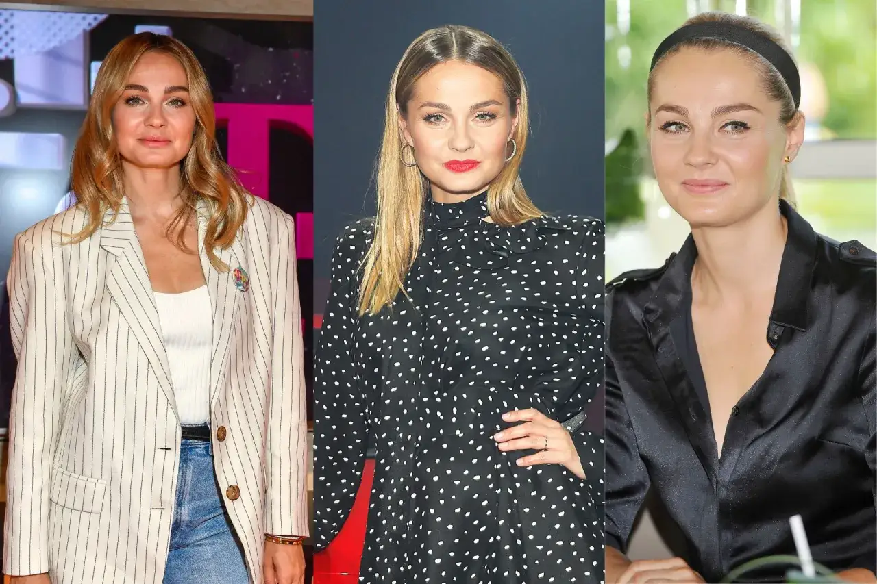 Małgorzata Socha wiek: trzy ujęcia aktorki w różnych stylizacjach. W białej marynarce w paski, w czarnej sukience w grochy i w czarnej, satynowej koszuli.