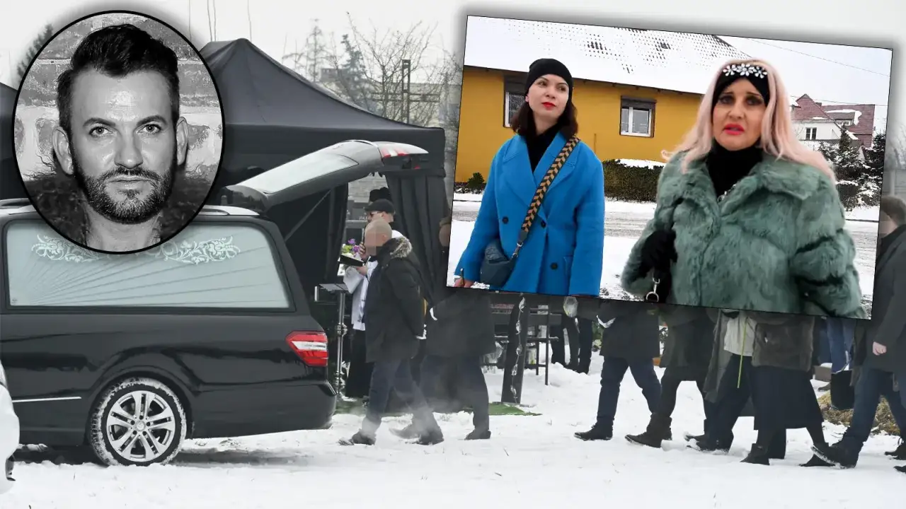 Pogrzeb Gabriela Seweryna. Uroczystość w zimowej scenerii, żałobnicy przy karawanie.