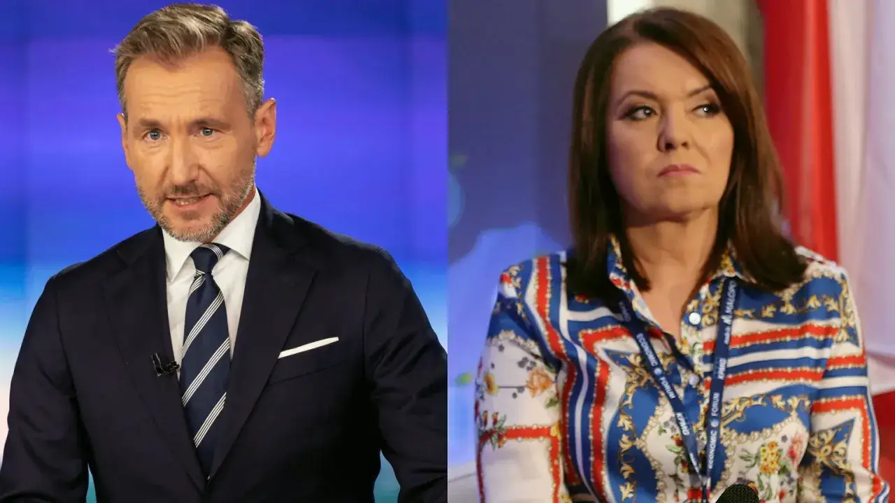 Dziennikarze i prezenterzy TVN: mężczyzna w garniturze i kobieta w kolorowej bluzce, oboje skupieni.