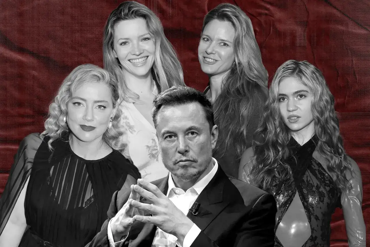 Elon Musk z kobietami, które były jego żonami lub partnerkami. Wizerunki przedstawiają jego byłe żony i obecną partnerkę.