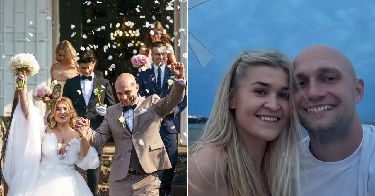 Klaudia z Rolnik szuka żony i jej ukochany świętują ślub. W tle widać młode pary i sypiące się płatki.