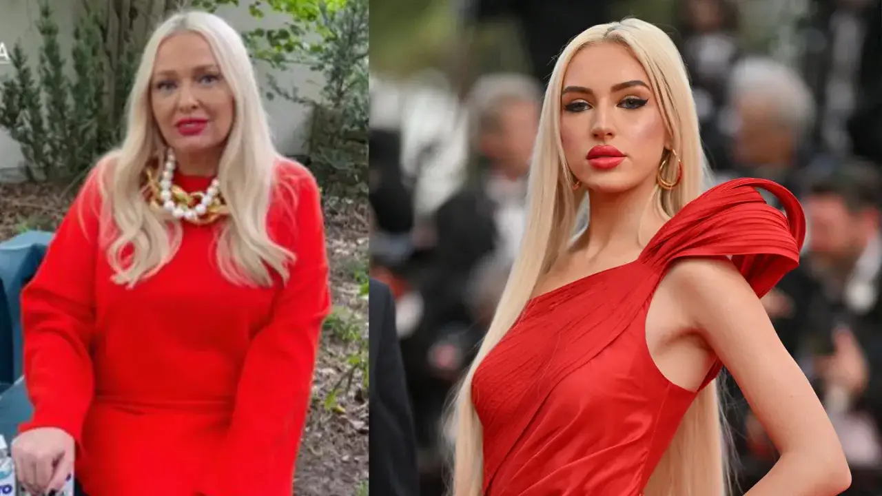 Katarzyna Nosowska i Caroline Derpienski w czerwonych kreacjach. Jedna w perłach, druga na czerwonym dywanie.