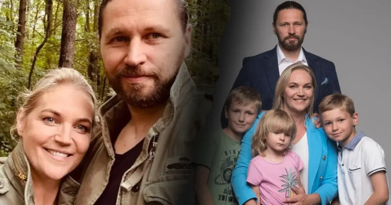 Dominika Chorosińska z mężem i trójką dzieci. Uśmiechnięta rodzina na dwóch zdjęciach: jedno w lesie, drugie w studio.