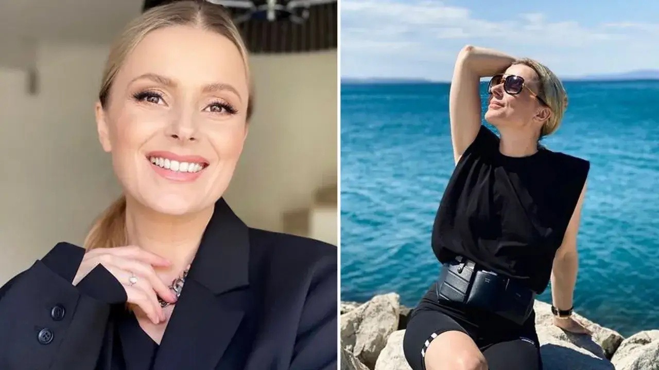 Uśmiechnięta Halina Mlynkova, której wiek dodaje jej uroku, w eleganckim żakiecie i na wakacjach nad morzem.