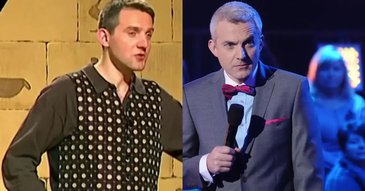 Dwóch mężczyzn, byli dziennikarze TVN, w różnych stylizacjach. Jeden w kamizelce w kropki, drugi w garniturze z muszką.